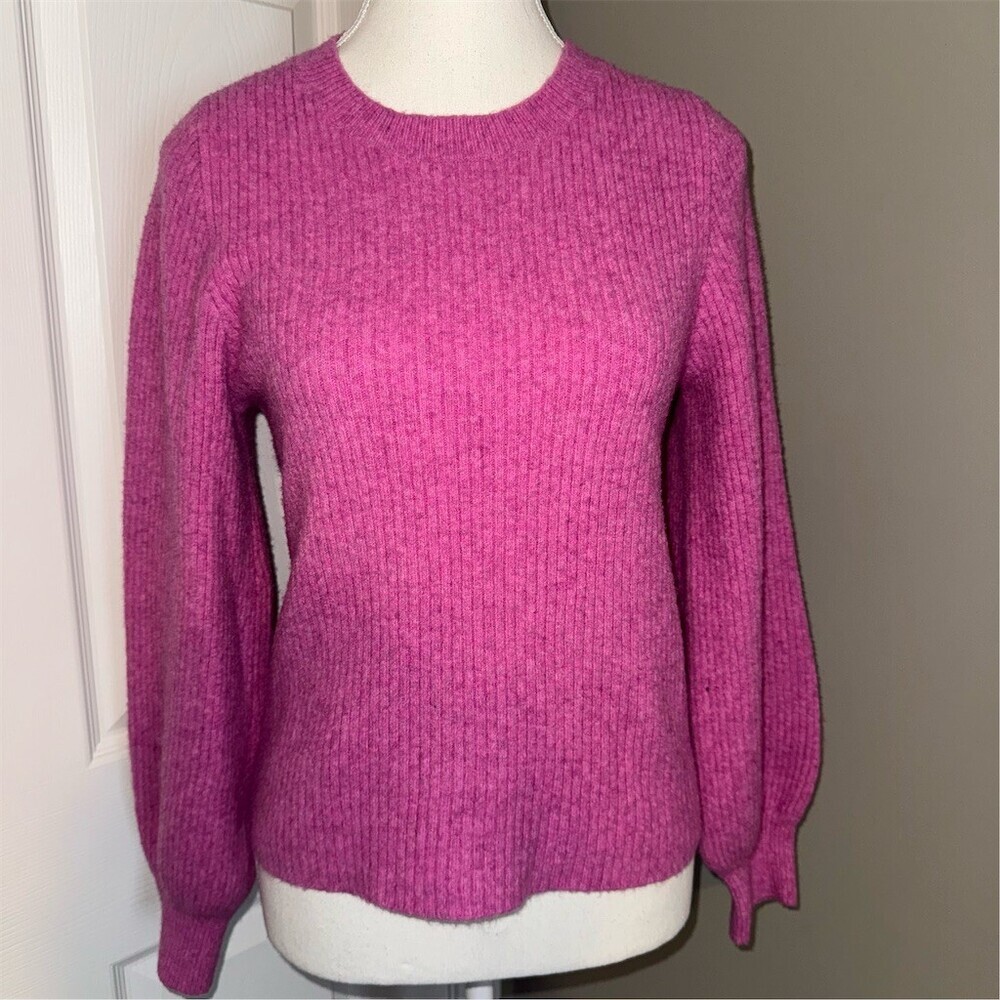 J.Crew Sweater Womens M‎ Pink Ribbed Puff Sleeve Pullover Crew Neck Cozy